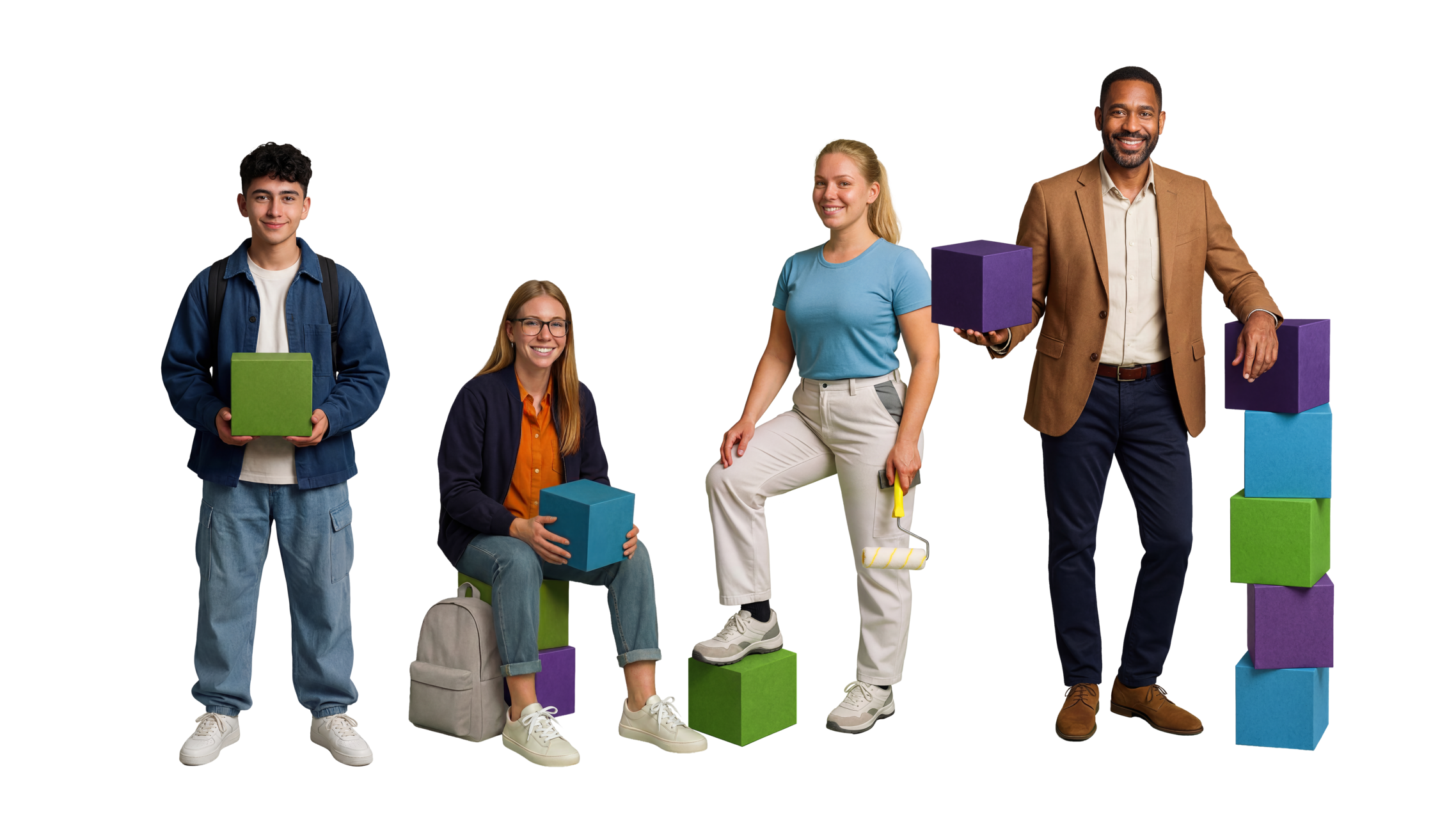 Schüler, Mittelschülerin, Berufsfrau und Berufsmann sitzen und stehen mit Bausteinen in den Händen | © ask! – Beratungsdienste für Ausbildung und Beruf / KI